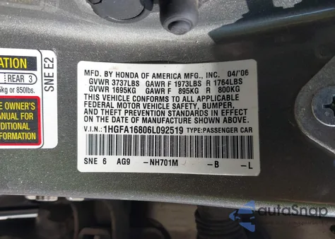 2006 Honda Civic Ex z USA, uszkodzony, nr VIN 1HGFA16806L092519